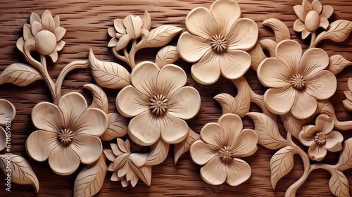 Fototapeta Naklejka Na Ścianę i Meble -  Generative AI, Carving natural wooden flowers, 3d pattern, brown and beige background