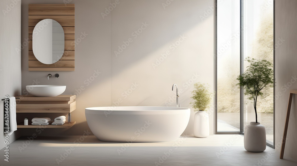 A modern bathroom with a minimalistic design, freestanding bathtub, a well-lit vanity, and contemporary décor A modern bathroom with a minimalistic design, freestanding bathtub, a well-lit vanity, and contemporary décor