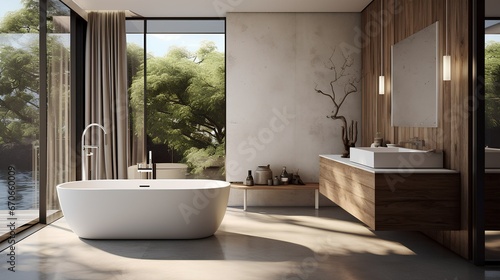 A modern bathroom with a minimalistic design  freestanding bathtub  a well-lit vanity  and contemporary d  cor