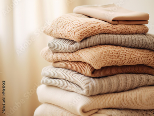 Stack of knitted sweaters, beige tones