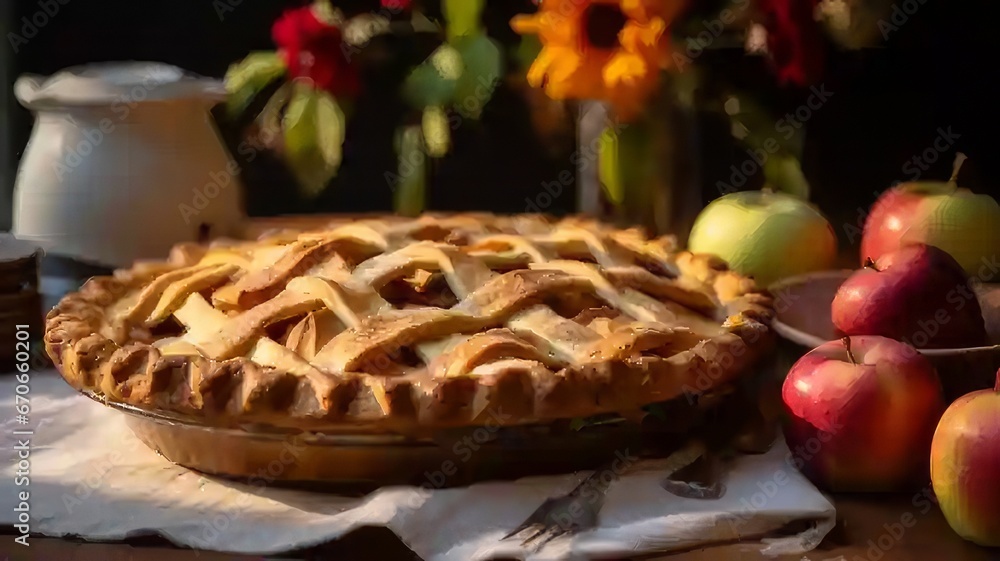 Close up of an apple pie on the table Close up of an apple pie on the table