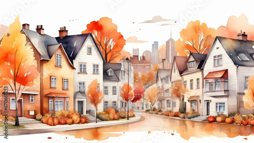 Autumn seasonal vector watercolor background, autumn street suburb district houses vector simple isolated illustration