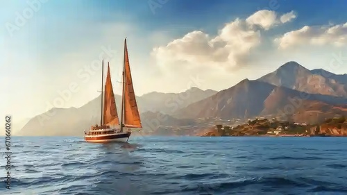 A sailboat gracefully sails across the sea bathed in the warm evening sunlight, with a stunning backdrop of majestic mountains. This scene evokes the essence of a luxurious summer