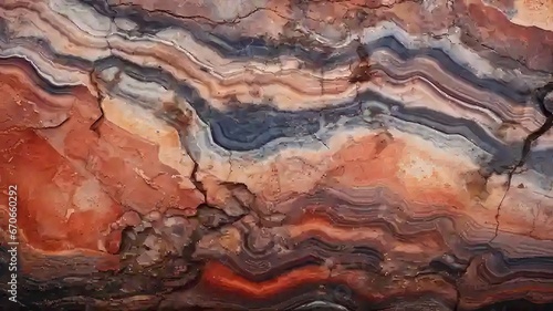 A macro photograph showcasing the intricate patterns and vibrant colors present in a segment of petrified wood, specifically from the Woodworthia species