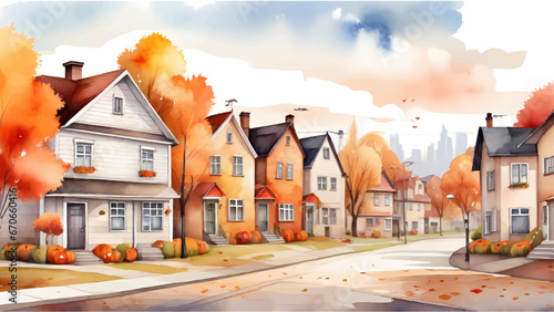 Autumn seasonal vector watercolor background, autumn street suburb district houses vector simple isolated illustration photo