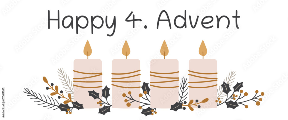 Happy 4. Advent - Schriftzug in englischer Sprache - Schöner 4. Advent. Grußbanner mit Kerzen und winterlichen Zweigen. Happy 4. Advent - Schriftzug in englischer Sprache - Schöner 4. Advent. Grußbanner mit Kerzen und winterlichen Zweigen.