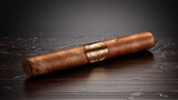 a single cigar in a wooden box with a dark background