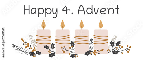 Happy 4. Advent - Schriftzug in englischer Sprache - Schöner 4. Advent. Grußbanner mit Kerzen und winterlichen Zweigen.