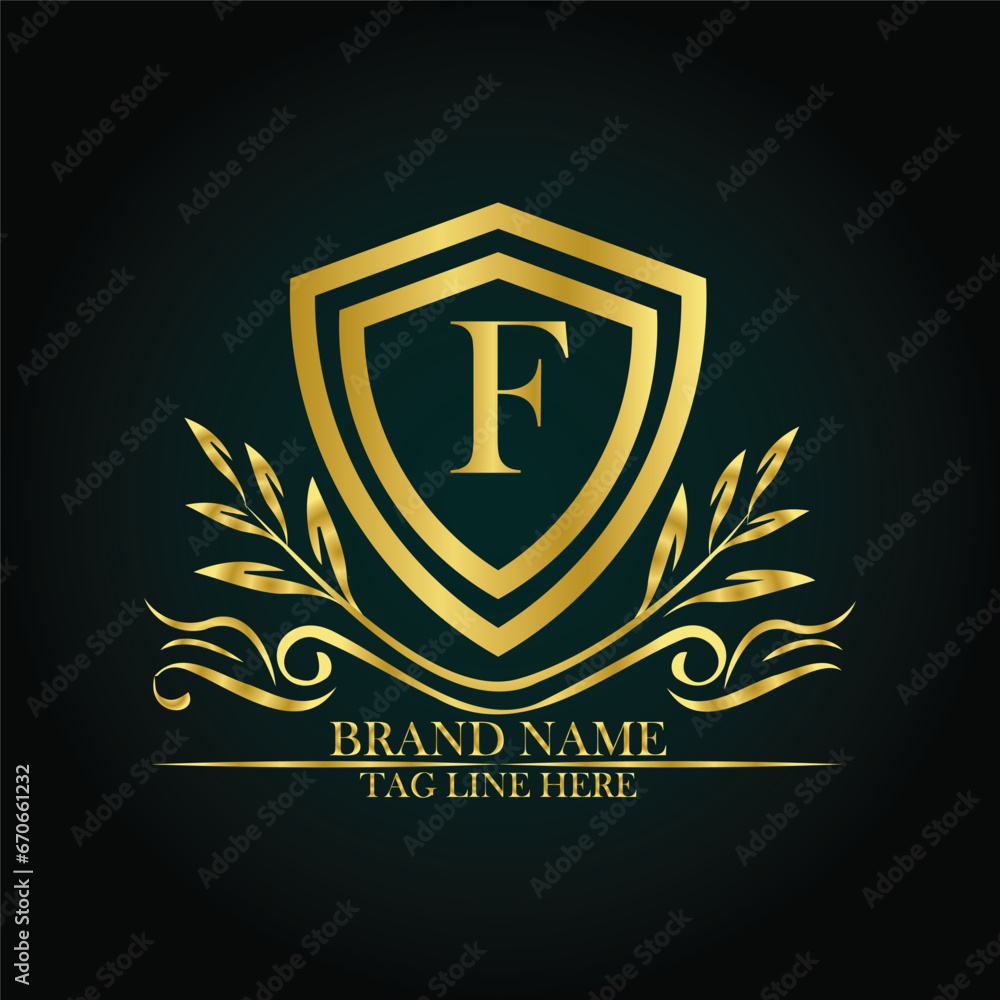 F luxury letter logo template in gold color. Elegant gold shield icon. Premium brand identity emblem. Royal coat of arms company label symbol. Modern vector Royal premium logo template vector
