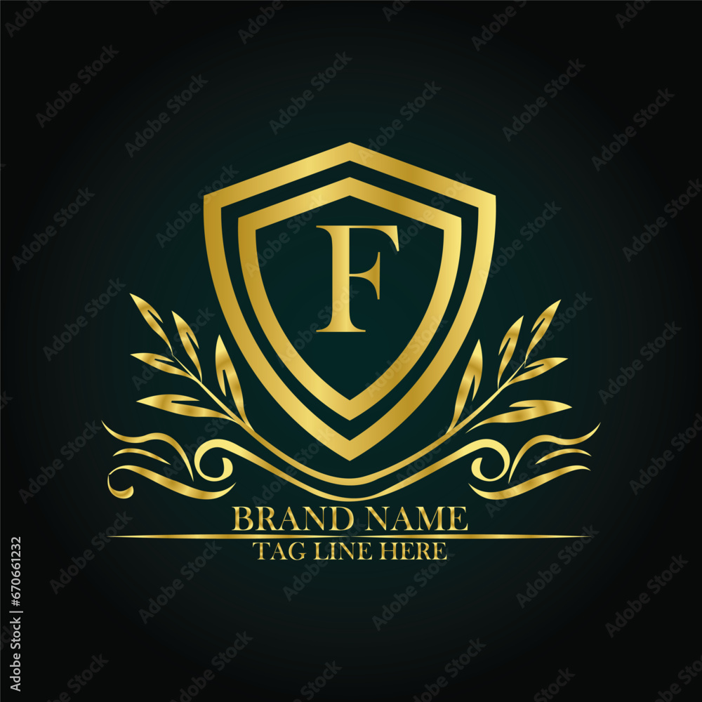 F luxury letter logo template in gold color. Elegant gold shield icon. Premium brand identity emblem. Royal coat of arms company label symbol. Modern vector Royal premium logo template vector F luxury letter logo template in gold color. Elegant gold shield icon. Premium brand identity emblem. Royal coat of arms company label symbol. Modern vector Royal premium logo template vector