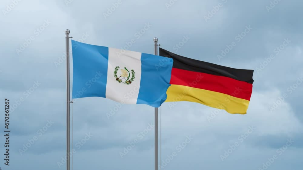 Germany flag and Guatemala flag waving together on cloudy sky, endless seamless loop, two country relations concept Germany flag and Guatemala flag waving together on cloudy sky, endless seamless loop, two country relations concept