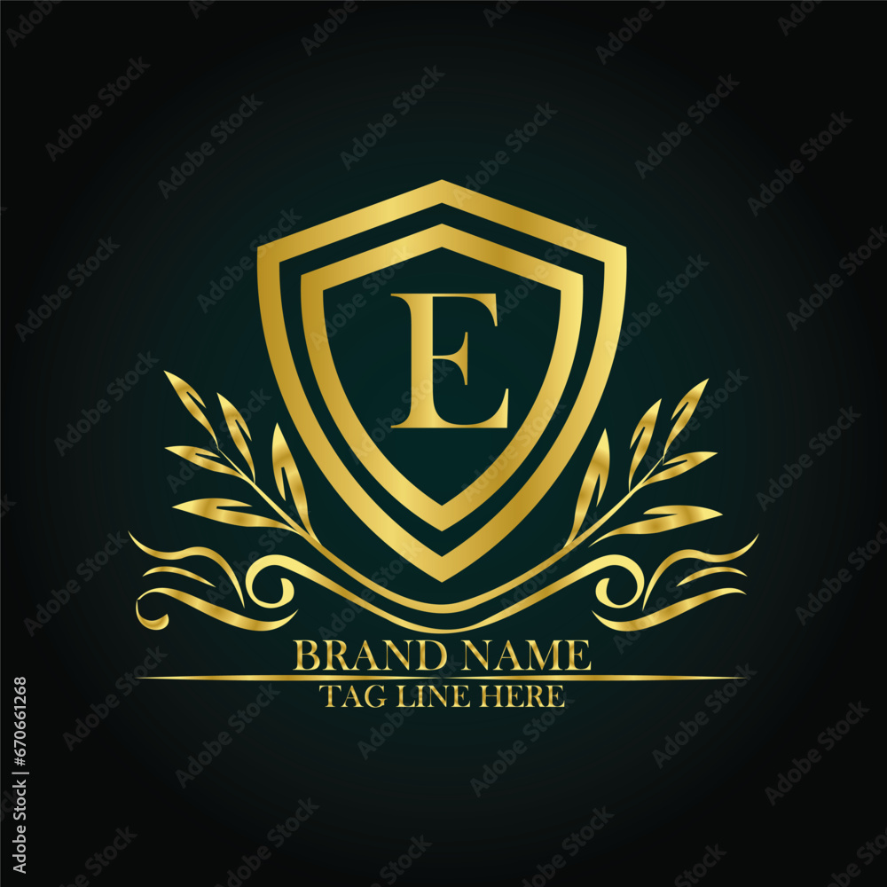 E luxury letter logo template in gold color. Elegant gold shield icon. Premium brand identity emblem. Royal coat of arms company label symbol. Modern vector Royal premium logo template vector E luxury letter logo template in gold color. Elegant gold shield icon. Premium brand identity emblem. Royal coat of arms company label symbol. Modern vector Royal premium logo template vector