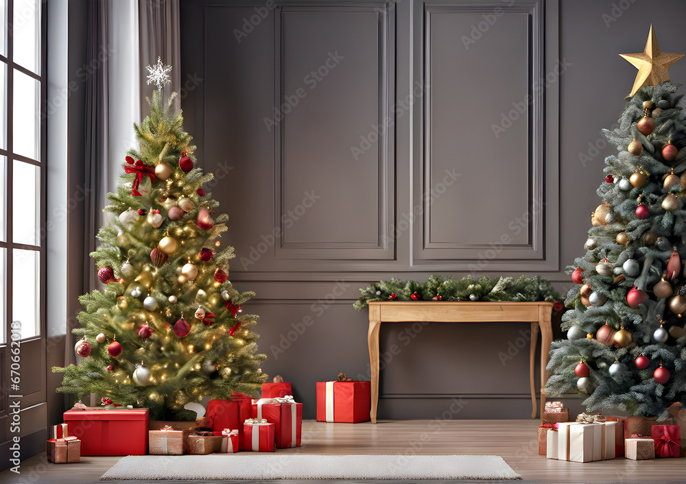 Christmas trees with Christmas tree decorations and gift boxes inside the room. Home decoration. Merry Christmas. Generative AI