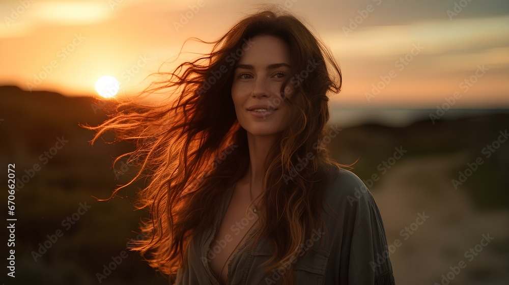 a beautiful woman posing in the setting of a sunset. generative AI