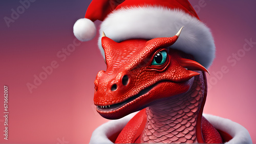Close-up of a cartoon red dragon wearing a red Santa Claus hat on a gradient purple background. Merry Christmas card with cute dragon and space for text. Generative AI
