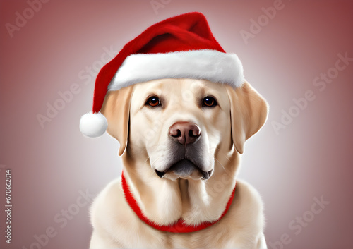 Close-up of a Labrador dog wearing a red Santa hat on a gradient burgundy background. Generative AI