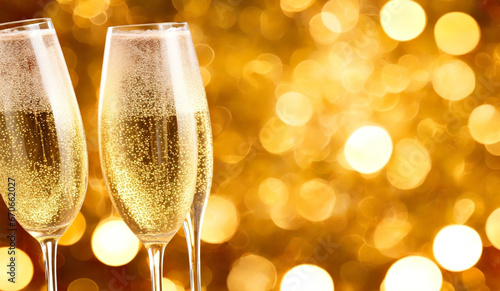 Merry Christmas and Happy New Year banner with glasses of champagne on a golden bokeh background with space for text. Generative AI