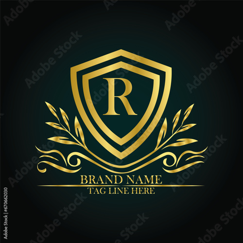R luxury letter logo template in gold color. Elegant gold shield icon. Premium brand identity emblem. Royal coat of arms company label symbol. Modern vector Royal premium logo template vector