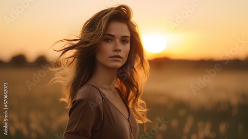 a beautiful woman posing in the setting of a sunset. generative AI © yj