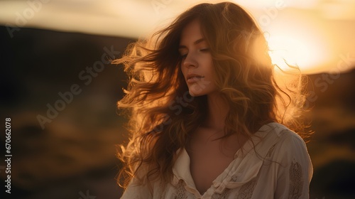 a beautiful woman posing in the setting of a sunset. generative AI