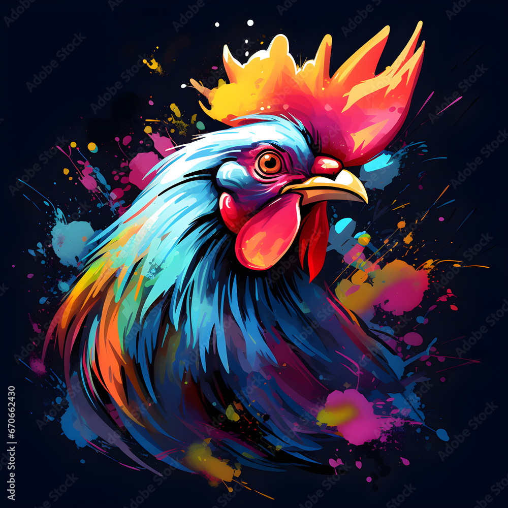Modern colorful watercolor painting of a rooster, black background, vibrant paint splashes. generative AI