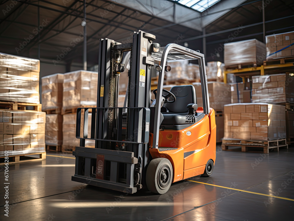 In a large warehouse, a forklift is lifting product pallets.