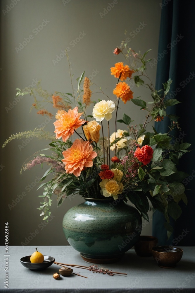 Beautifully arranged colorful bouquet in Japanese style - ikebana concept. Generative Ai. Beautifully arranged colorful bouquet in Japanese style - ikebana concept. Generative Ai.