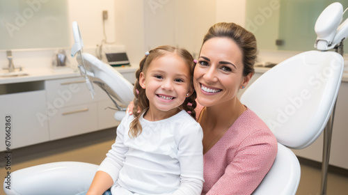 Smiling dentist and a small child at a dental clinic appointment photo