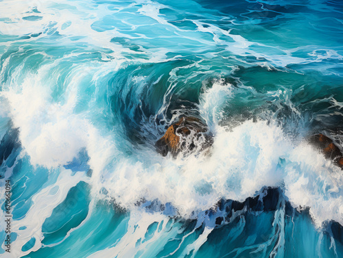 Capture an abstract natural background and texture with an aerial view from above of turquoise ocean water featuring splashes and foam.
