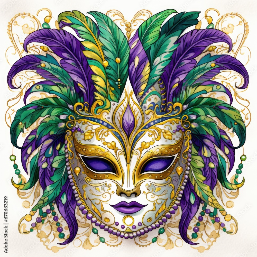 A mask with feathers and beads on a white background. Mardi Gras decorative element.