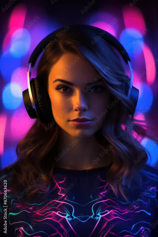Beautiful Woman with Headphones and Neon Waves Beautiful Woman with Headphones and Neon Waves
