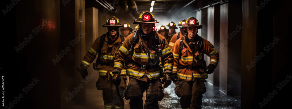 Team of firefighters are fighting a fire Team of firefighters are fighting a fire