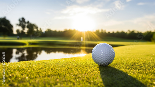 White golf ball on picturesque green golf course at the sunset.  Pitch is perfectly prepared, grass is neatly trimmed. Reflection of sun rays on surface of  ball and texture of grass. Copy space. photo