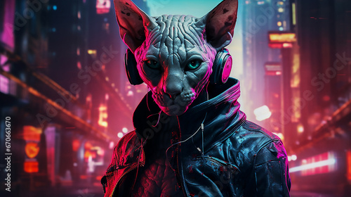 3D  sphynx cat in leather jacket, with headphones and with robot parts. Futuristic and cyberpunk image of cat. Blurred background is decorated with tall buildings, a night city with neon lighting. photo