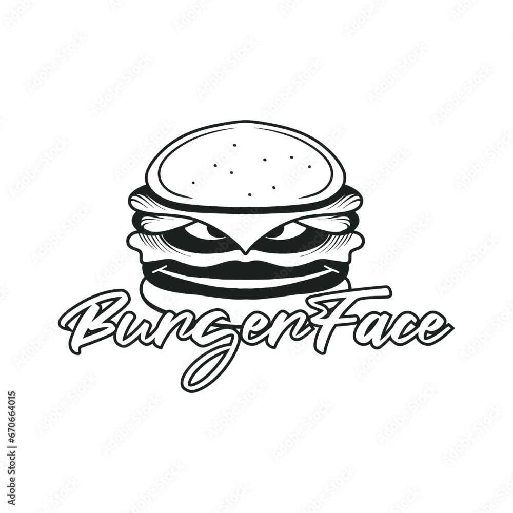 Burger logo with street food smiling face silhouette Burger logo with street food smiling face silhouette