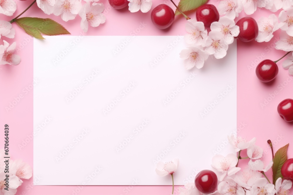 Cherry blossoms and cherries surround a blank paper.