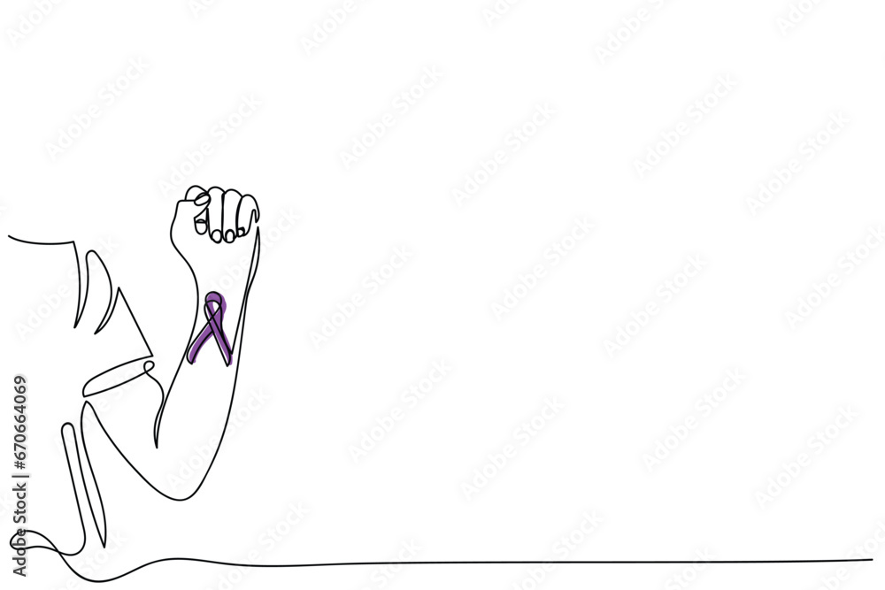 purple Ribbon for Violence, Pancreatic, Esophageal, Testicular cancer, Alzheimer, epilepsy, lupus, Sarcoidosis and Fibromyalgia. Awareness month and World cancer day concept. Continuous line art - obrazy, fototapety, plakaty 