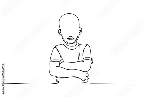 Continuous line art of a kid holding an empty plastic bowl. Hunger and poverty concept. Homeless child. Donate and support people. Hunger crises. Food shortage. Starvation and War PTSD in Children art