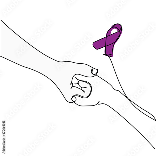 purple Ribbon for Violence, Pancreatic, Esophageal, Testicular cancer, Alzheimer, epilepsy, lupus, Sarcoidosis and Fibromyalgia. Awareness month and World cancer day concept. Continuous line art