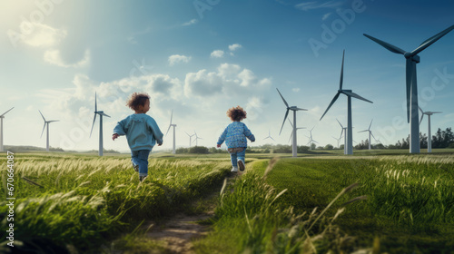 Two children run across a field and play in front of wind turbines.