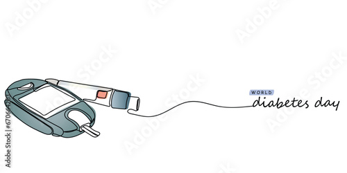 World diabetes day in November. line art of  persons using glucometer and keeping blood sugar levels in check. Needle used to take a drop of blood for diabetes testing. Medical concept.Glucometer use 