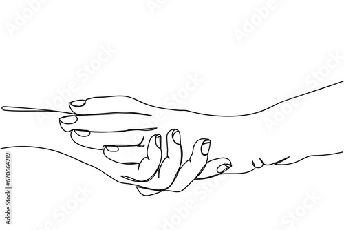 Philanthropy. kindness. Empathy. Old age care. Family bonding. Old person day. Continuous line art poster of social support. Kid holding hand of senior. Grandparents love. Mental health care. wellness