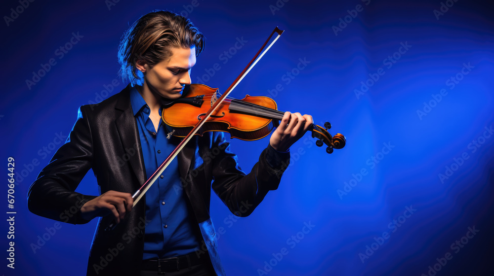 Fototapeta premium Young man playing violin on blue background