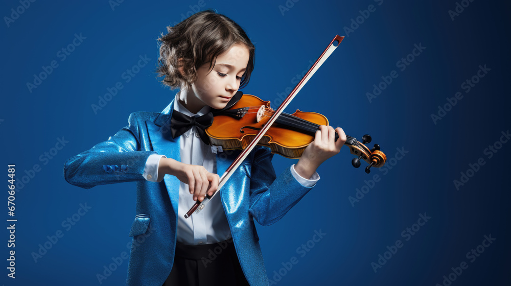 Little girl playing violin on blue background