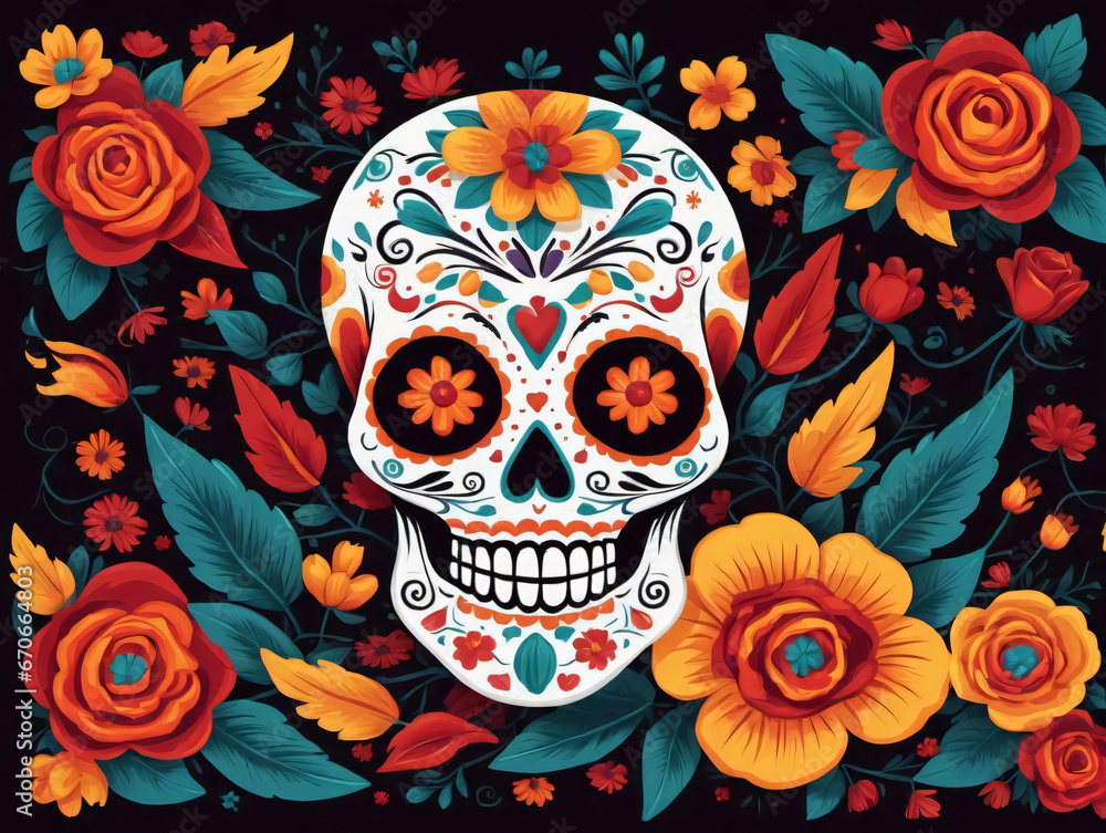 A Skull With Flowers And Leaves On A Black Background A Skull With Flowers And Leaves On A Black Background