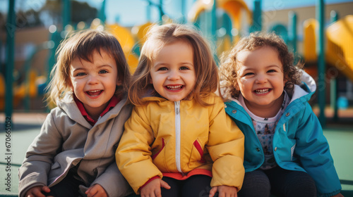 Group of preschoolers talking and playing on the playground outside