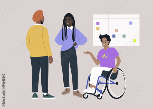 An inclusive office setting with a group of young millennial characters collaborating on a project during a staff meeting, representing effective management and teamwork