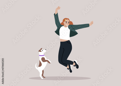 A female pet owner jumping with their Jack Russell puppy, both filled with happiness and excitement