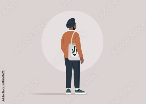 An Indian character wearing a Sikh turban and dressed in business casual office attire, seen from behind