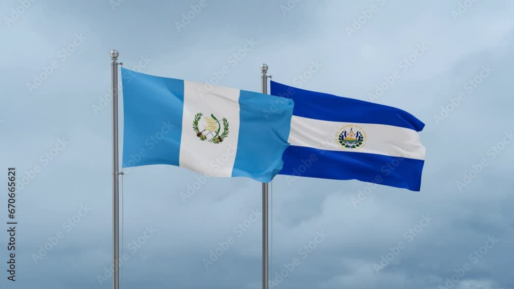 Republic of El Salvador and Guatemala flag waving together on cloudy sky, endless seamless loop, two country cooperation concept Republic of El Salvador and Guatemala flag waving together on cloudy sky, endless seamless loop, two country cooperation concept